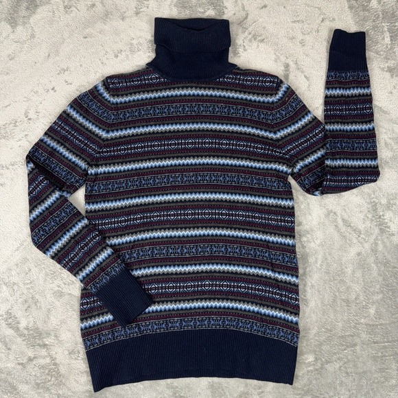 L.L Bean Women Sweater Size M Fair Isle‎ Blue Turtleneck Cashmere Cotton Blend - Picture 1 of 8